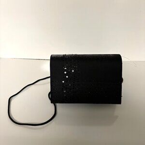 Menbur Black Evening Satin Clutch Beaded Sequins Snap Closure Classic Purse NEW